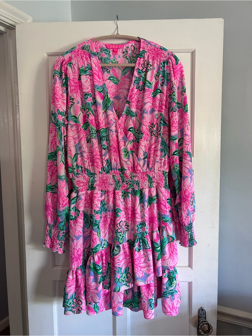 Lilly Pulitzer Cristiana Pink Floral Smocked Waist Long Sleeve Dress